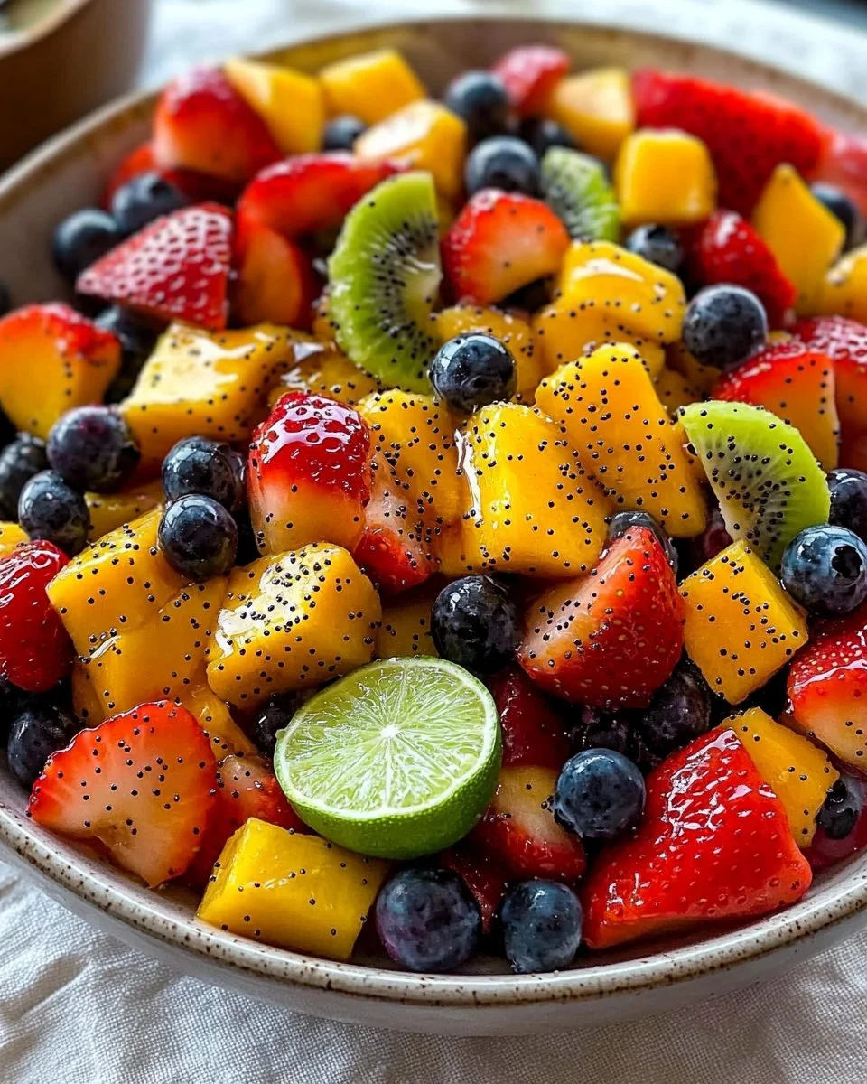 Fresh fruit salad with honey lime poppy seed dressing served in a bowl