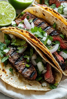 Delicious grilled beef tacos with fresh toppings on a wooden table.