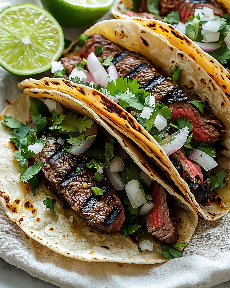 Delicious grilled beef tacos with fresh toppings on a wooden table.