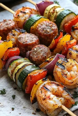 Delicious grilled seafood skewers with shrimp, fish, and vegetables