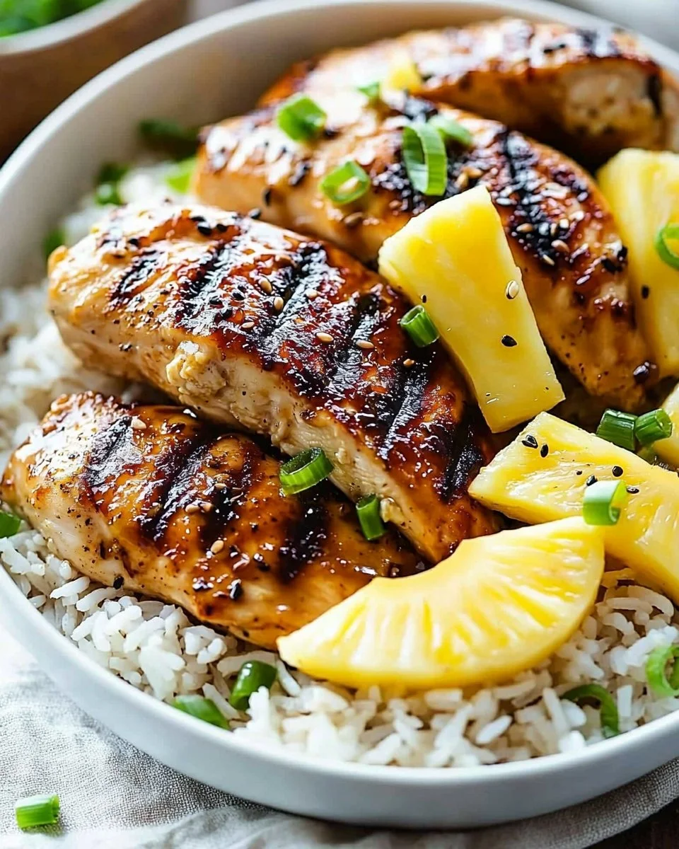 Delicious Hawaiian chicken served with pineapple and coconut rice