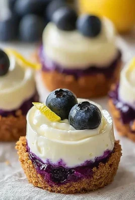 Healthy mini lemon blueberry cheesecakes topped with fresh blueberries
