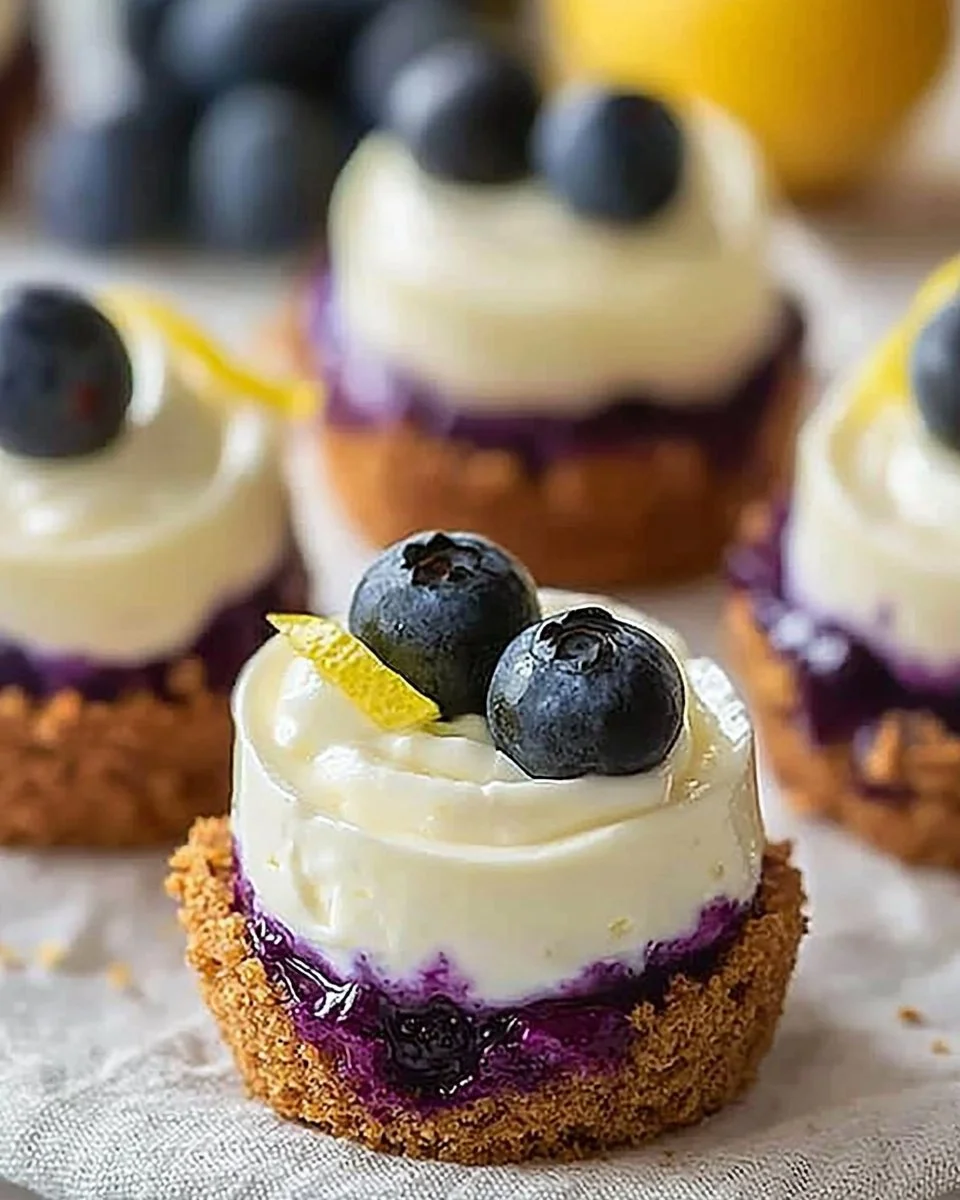 Healthy mini lemon blueberry cheesecakes topped with fresh blueberries