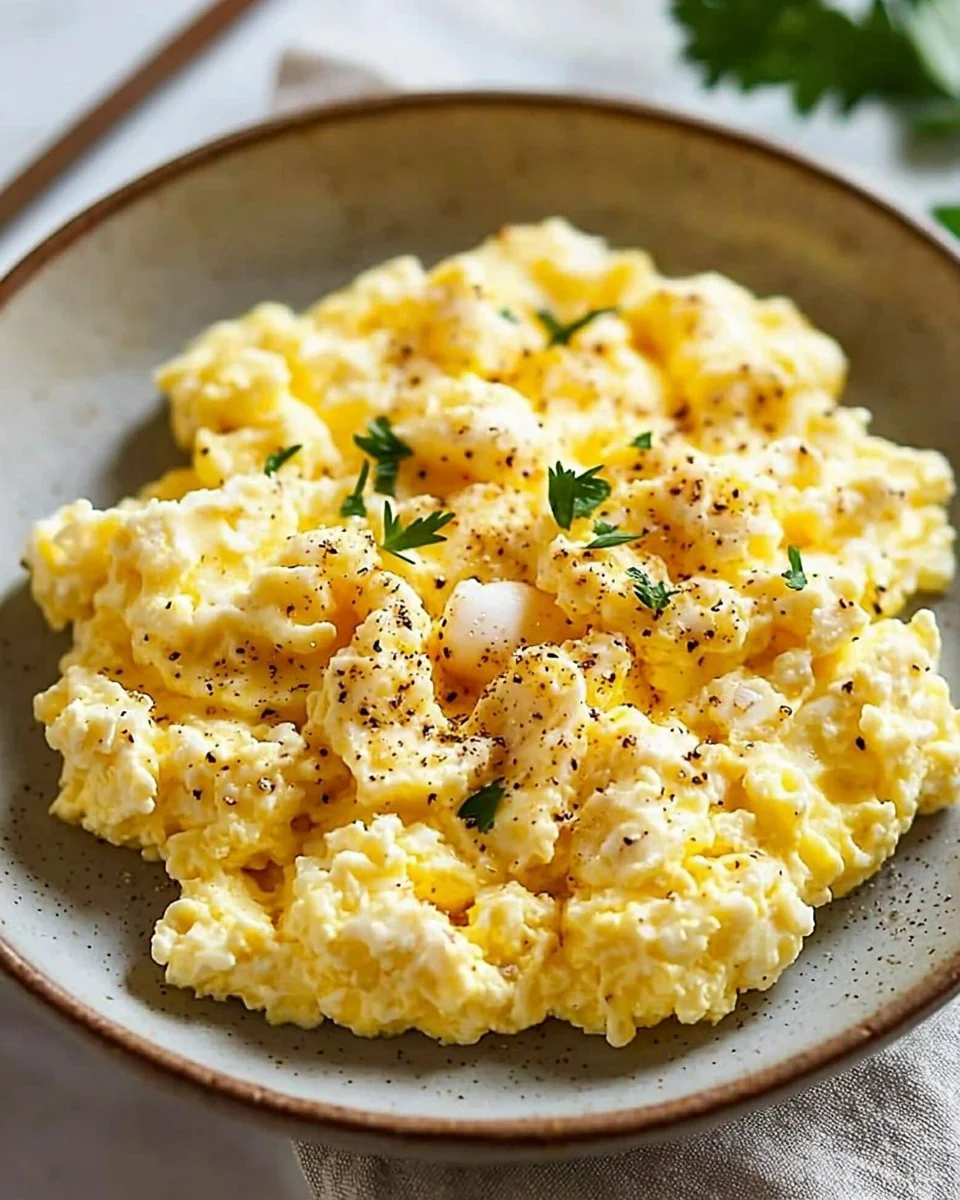Delicious homemade cottage cheese scrambled eggs served on a plate.
