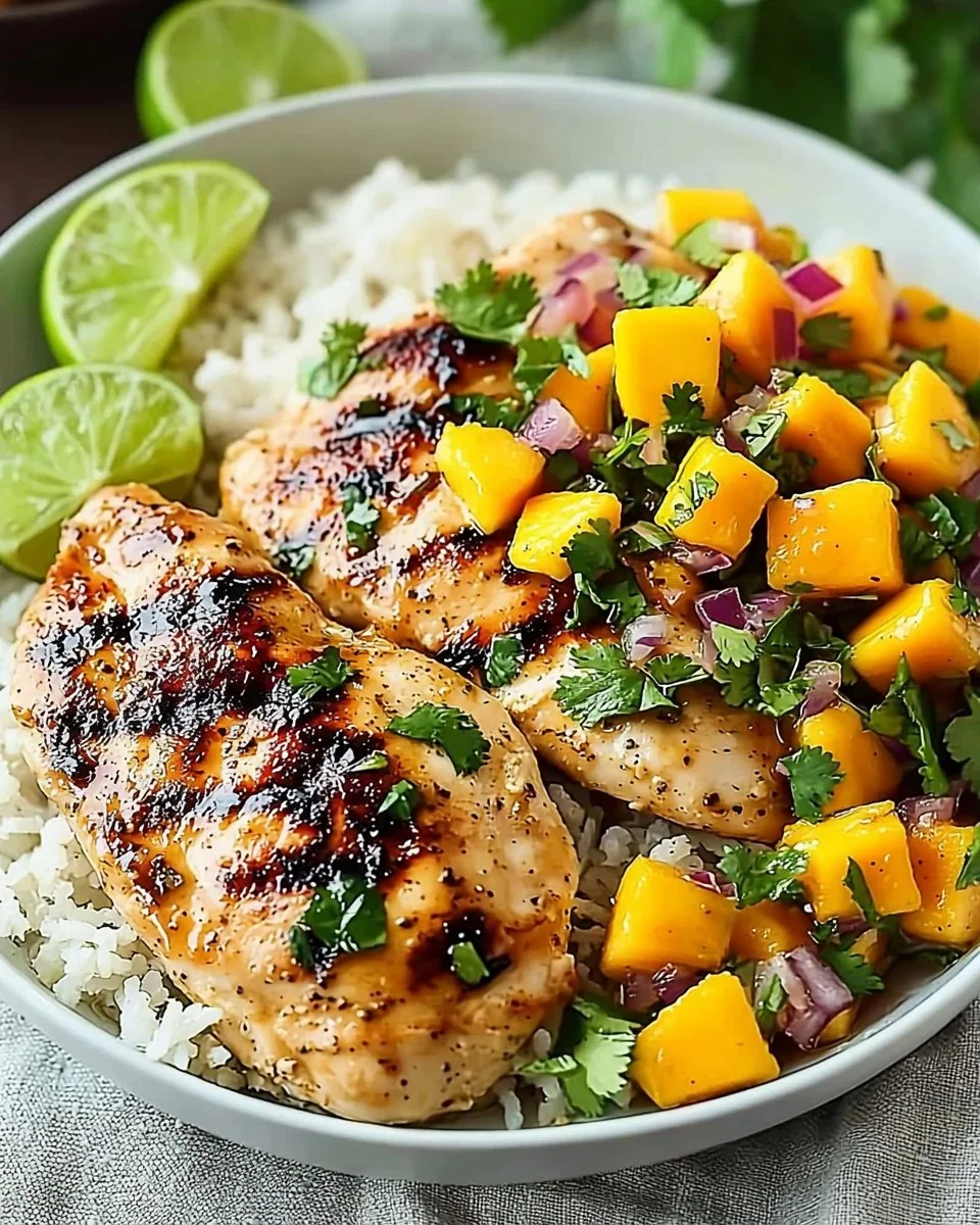 Delicious Honey Lime Chicken served with fresh Mango Salsa on a plate.