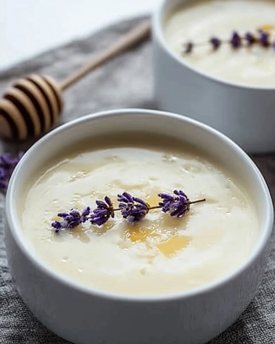 Delicious honey posset dessert served in a glass dish.