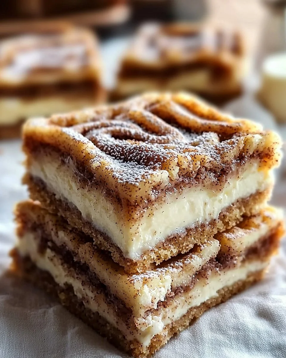 Delicious cinnamon roll bliss bars topped with creamy icing on a rustic wooden surface.