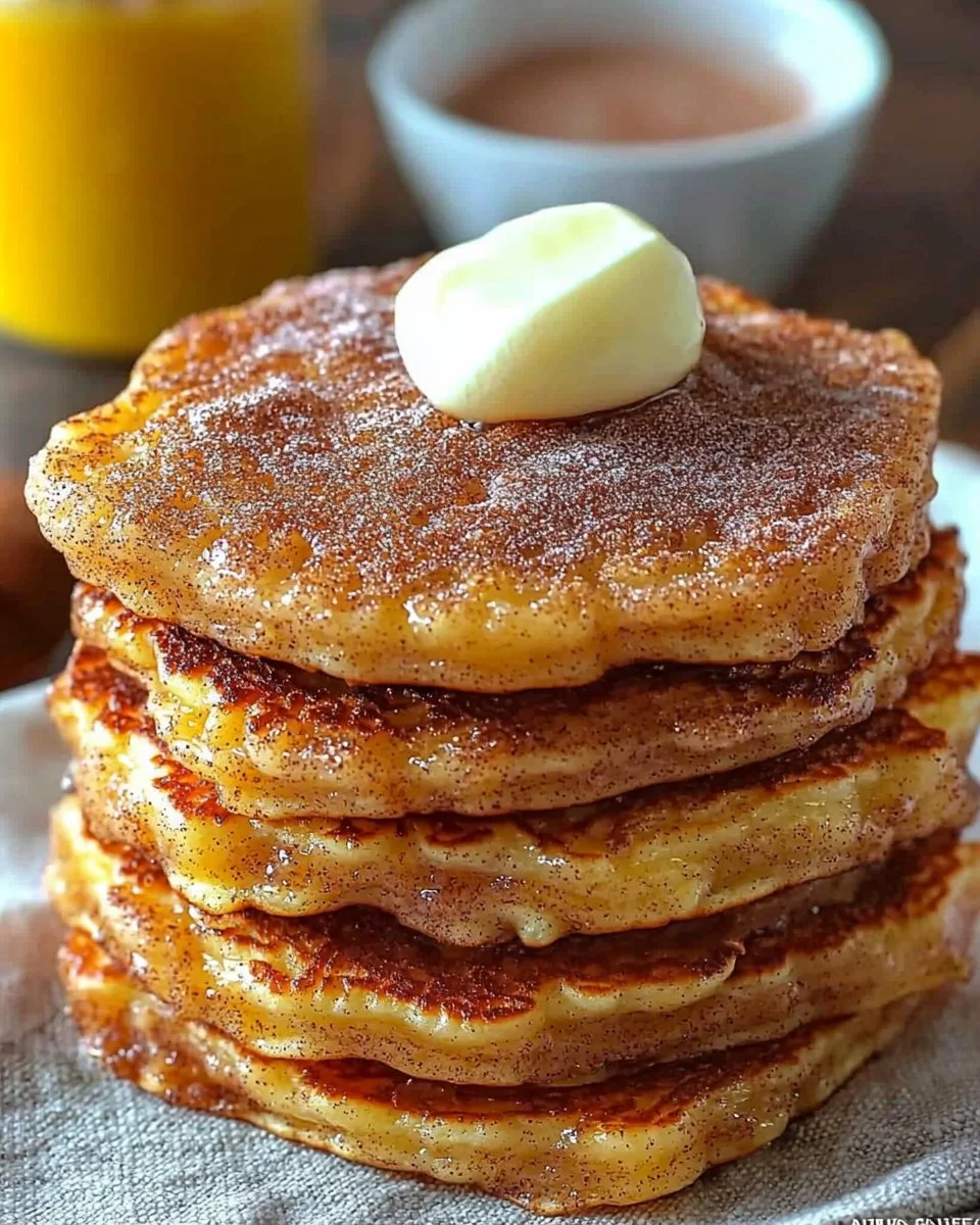 Delicious Spanish Churro Pancakes topped with chocolate sauce and cinnamon.