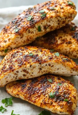 Juicy baked chicken breast served with herbs and spices in a bright kitchen setting