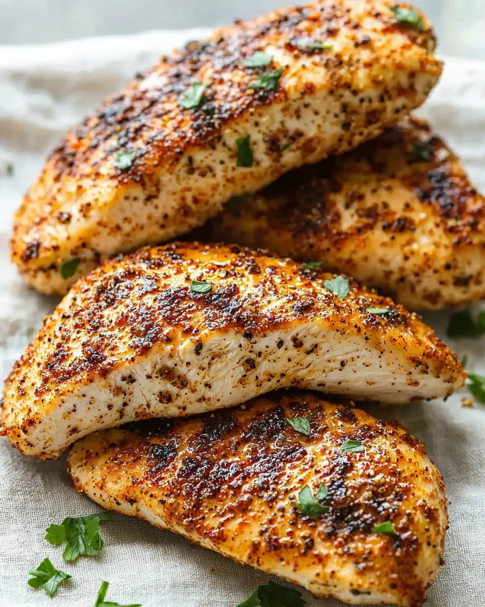Juicy baked chicken breast served with herbs and spices in a bright kitchen setting