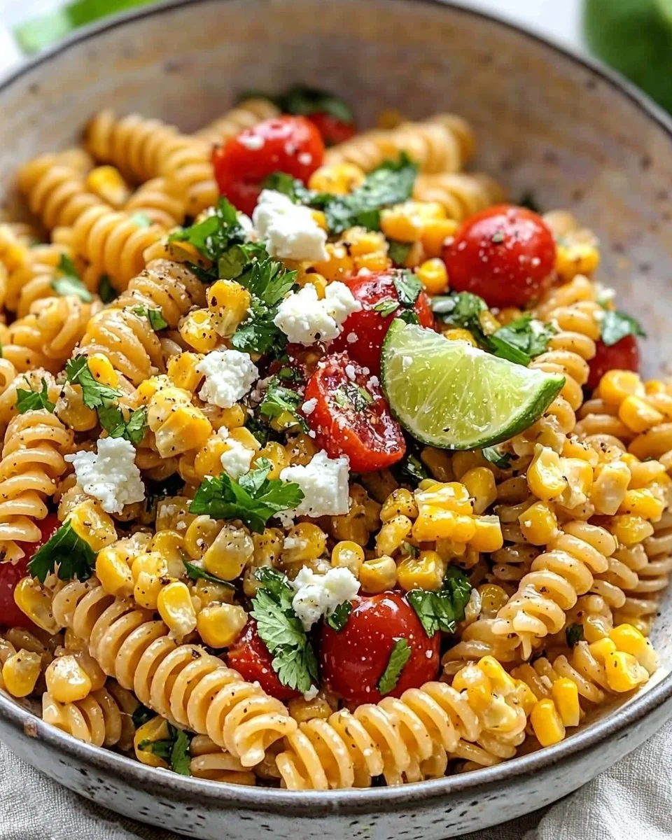 Delicious street corn pasta salad topped with fresh herbs and cheese