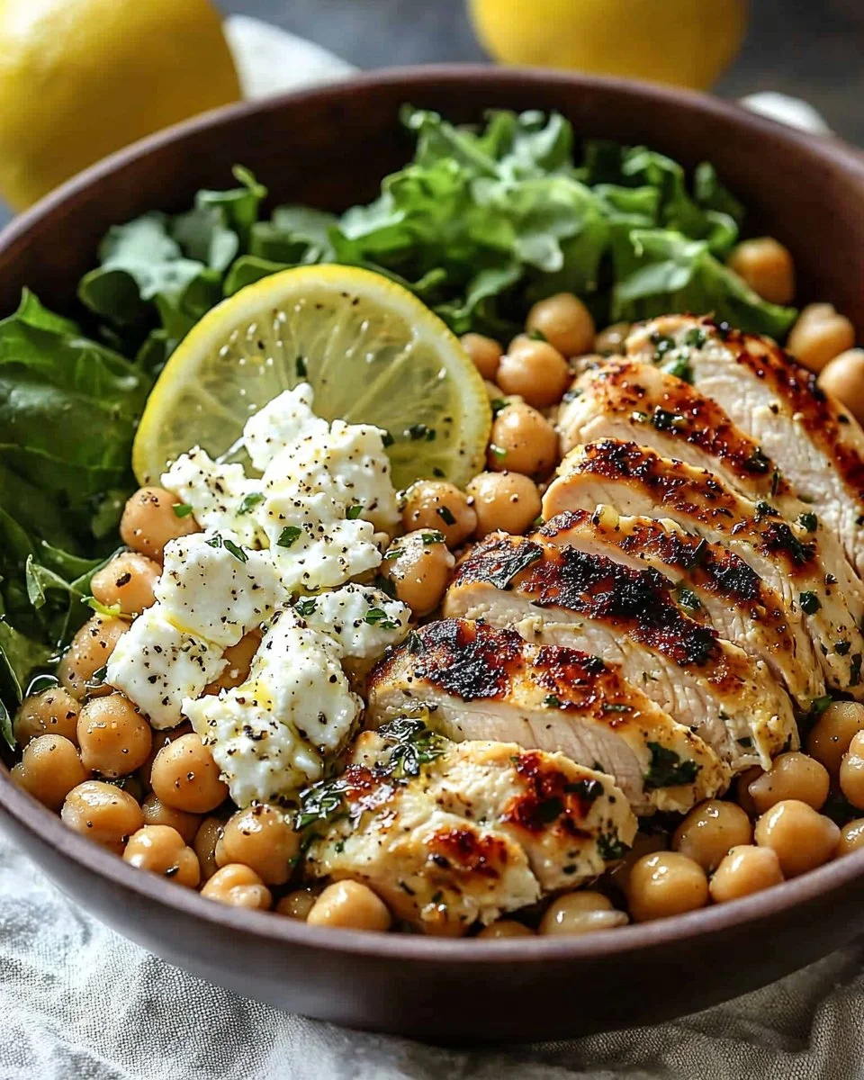 Lemon-Herb Chicken Bowl topped with chickpeas and feta cheese for healthy eating.