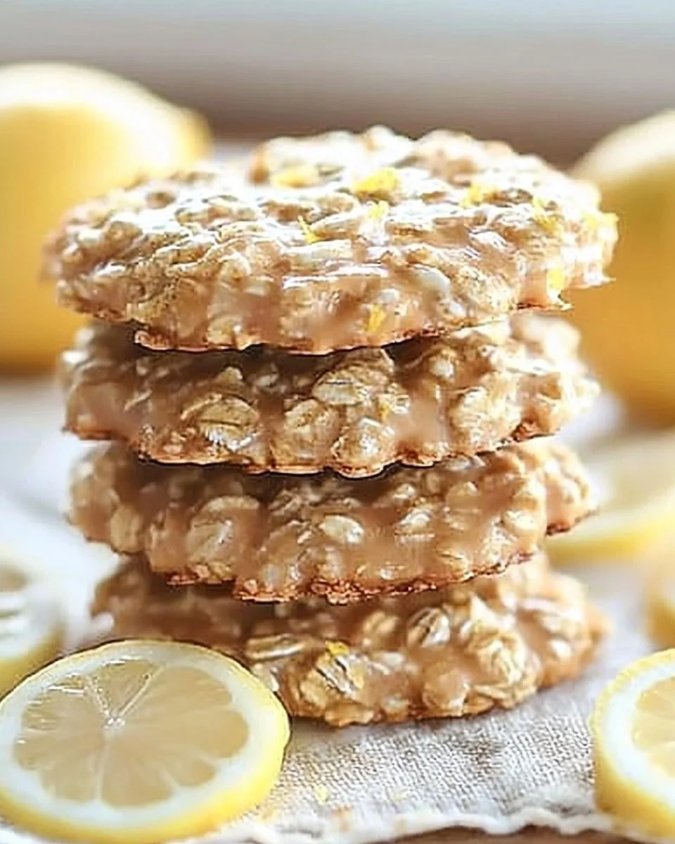 Lemon oatmeal no-bake cookies on a plate garnished with lemon slices