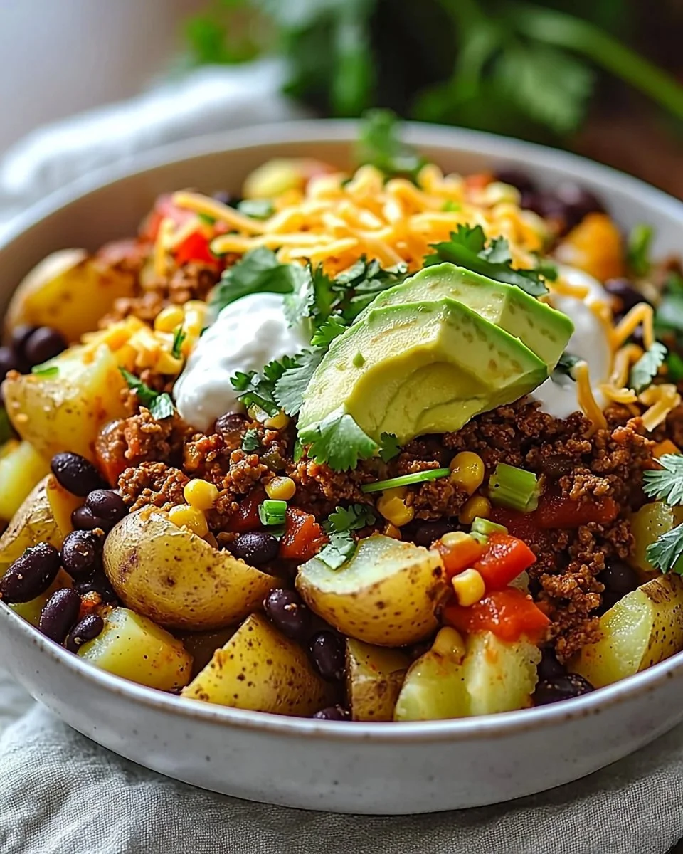 Loaded Potato Taco Bowl garnished with fresh ingredients and toppings
