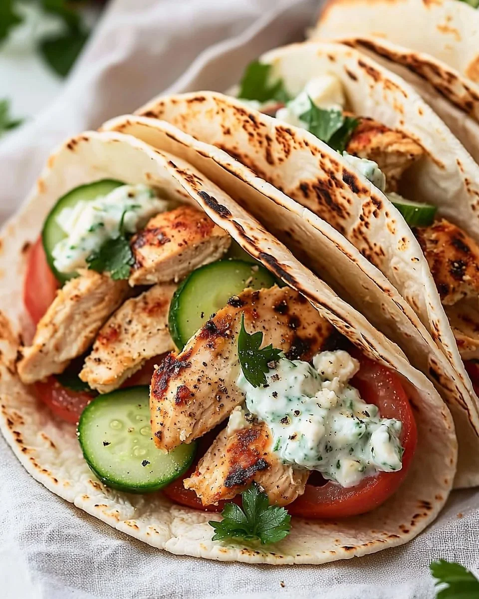 Mediterranean Chicken Tacos with fresh vegetables and herbs served on a plate