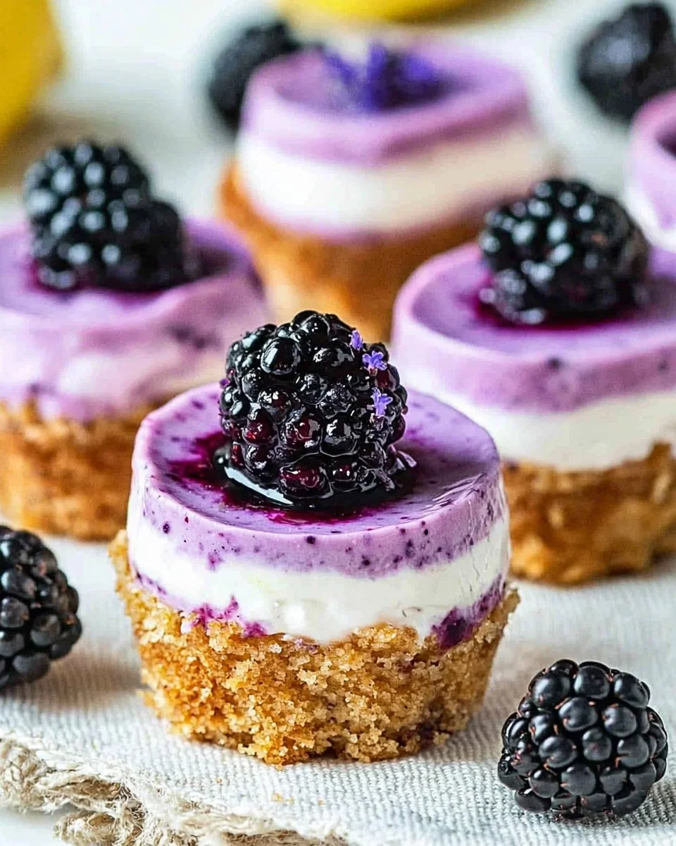 Mini blackberry lavender cheesecakes topped with fresh blackberries and lavender sprigs.