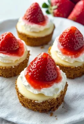 Delicious mini strawberry cheesecakes topped with fresh strawberries and cream.