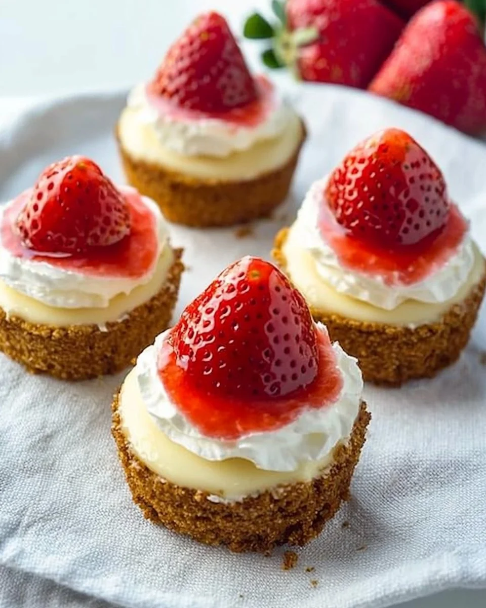 Delicious mini strawberry cheesecakes topped with fresh strawberries and cream.