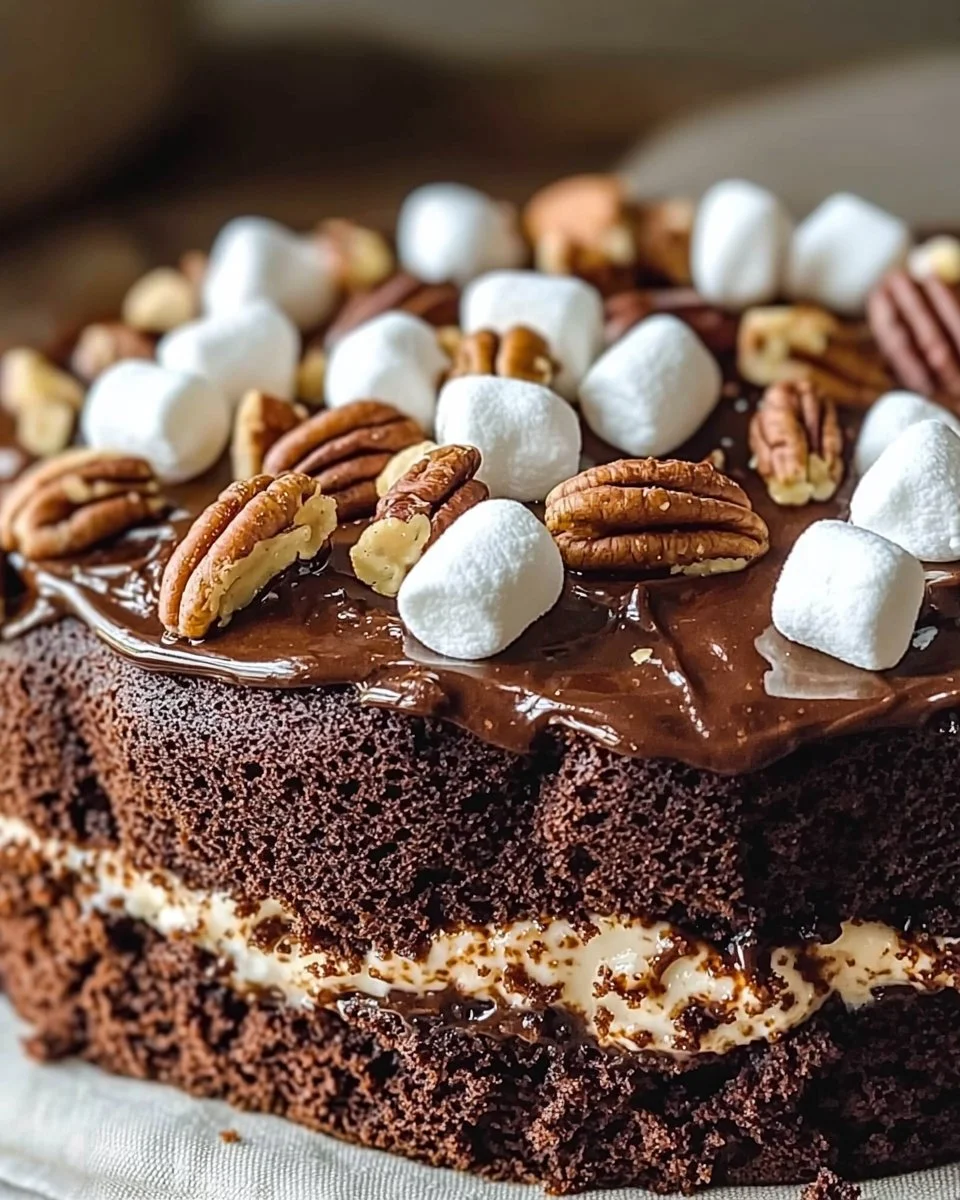 Delicious Mississippi Mud Cake topped with chocolate and marshmallows
