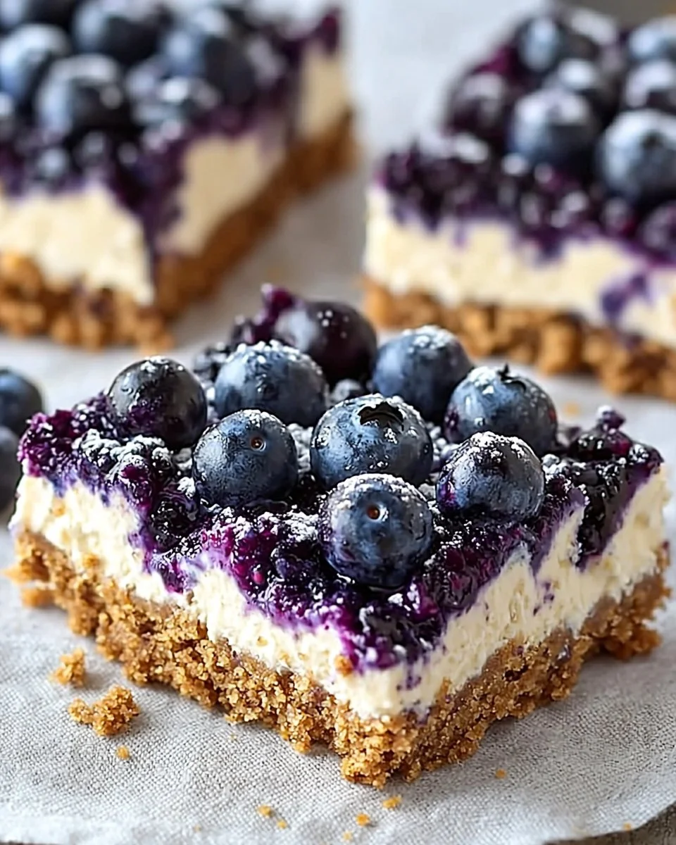 No-bake blueberry cheesecake bars topped with fresh blueberries.