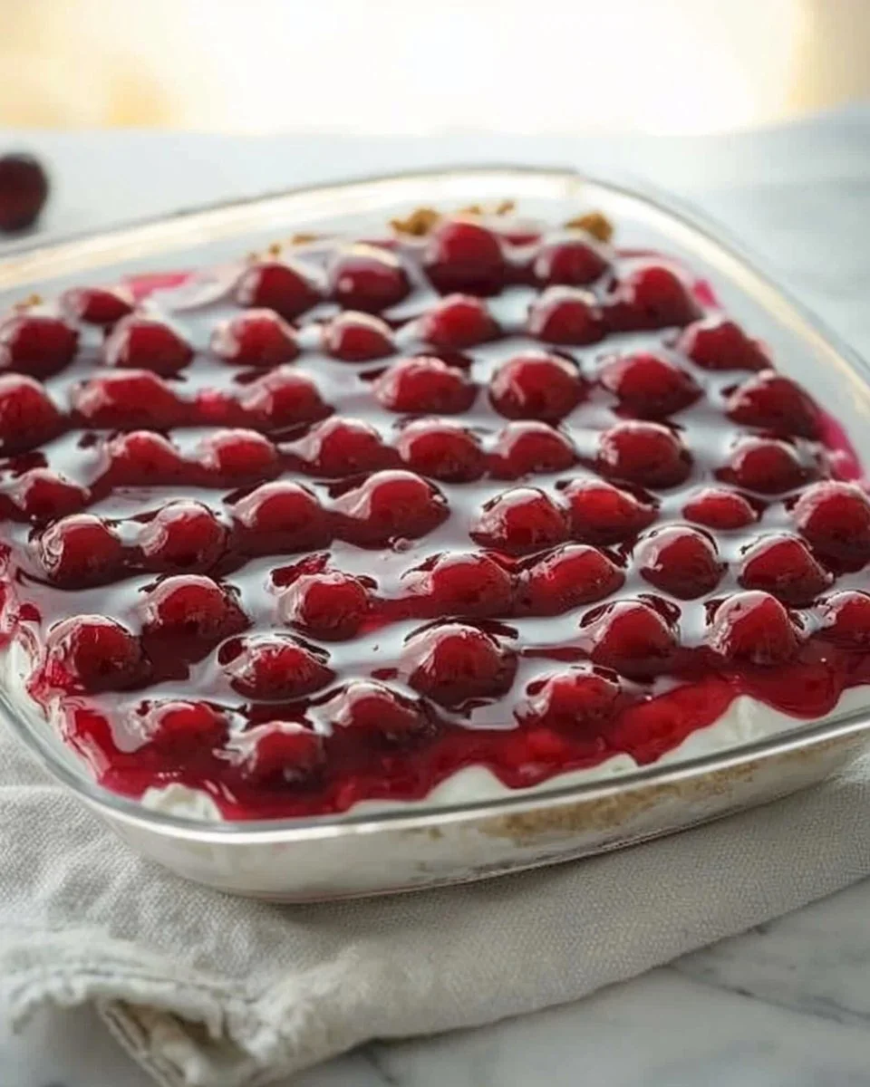 Delicious no-bake cherry cheesecake topped with fresh cherries and creamy filling