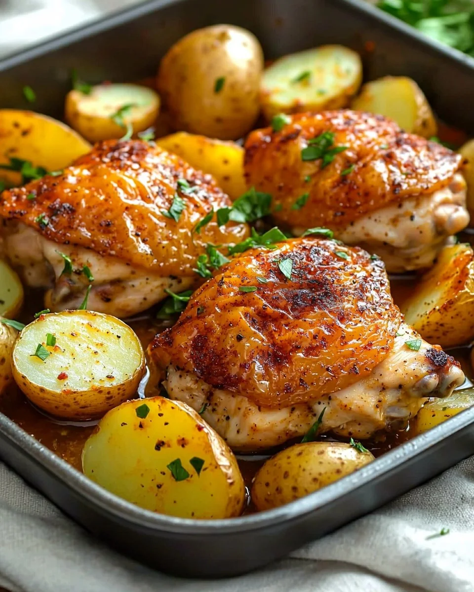 One Pan Chicken and Potatoes dish served hot with herbs