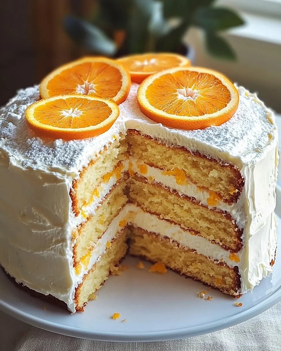 Delicious Orange Creamsicle Cake with frosting and orange slices