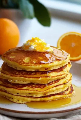 Fluffy orange ricotta pancakes stacked on a plate with syrup and orange slices