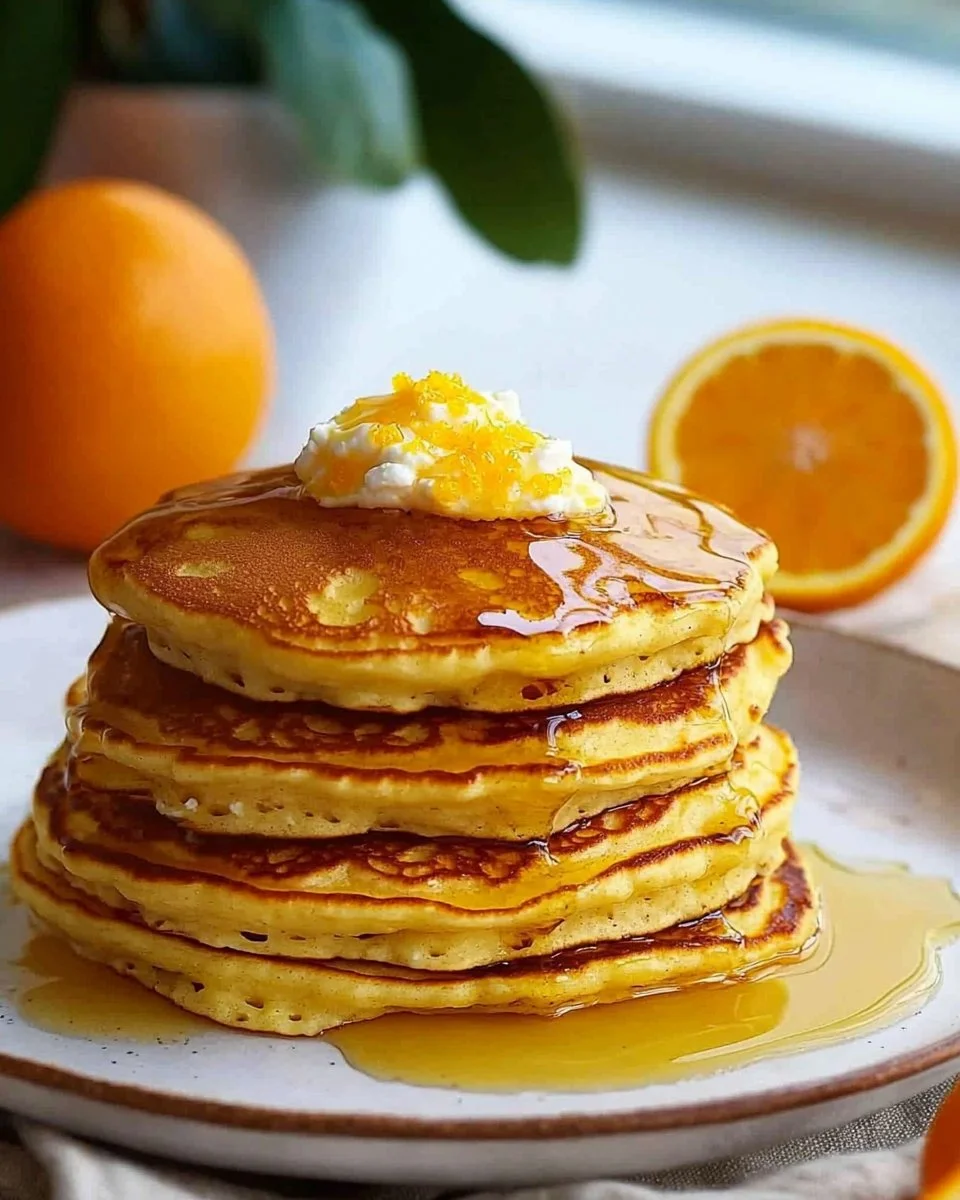 Fluffy orange ricotta pancakes stacked on a plate with syrup and orange slices