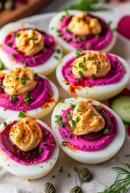 Perfectly pink deviled eggs decorated for a festive occasion