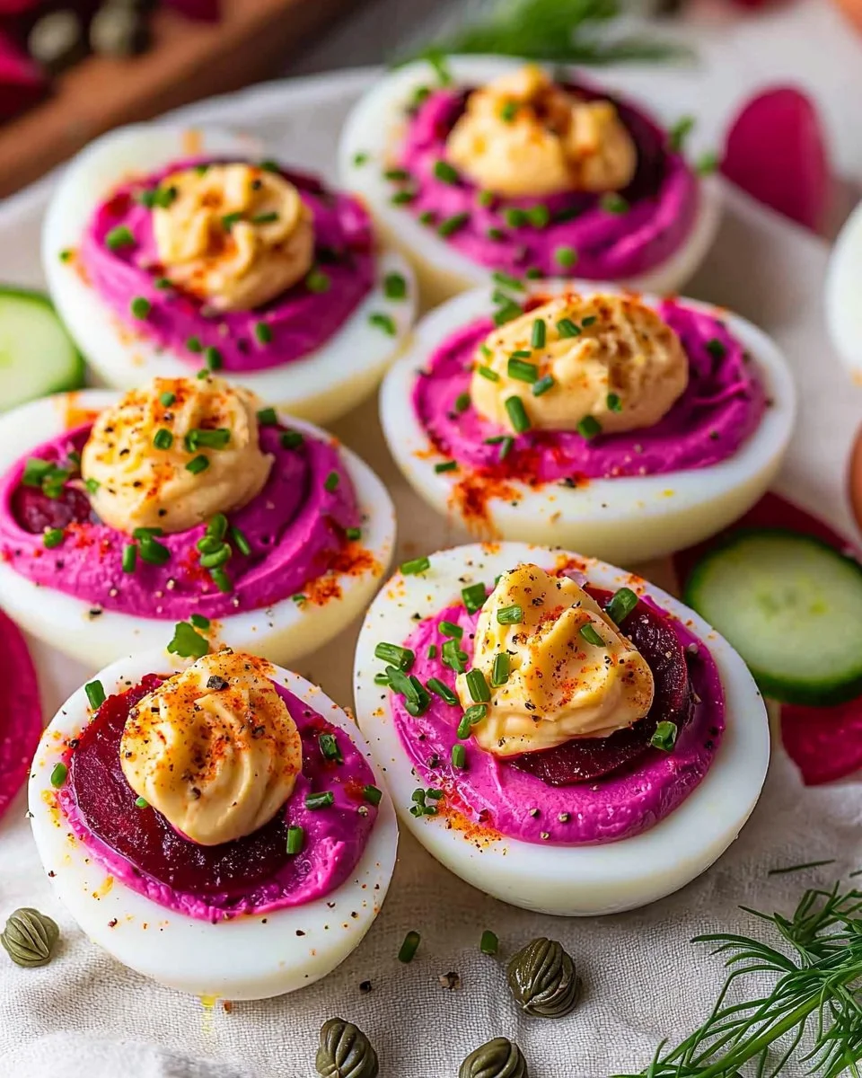 Perfectly pink deviled eggs decorated for a festive occasion