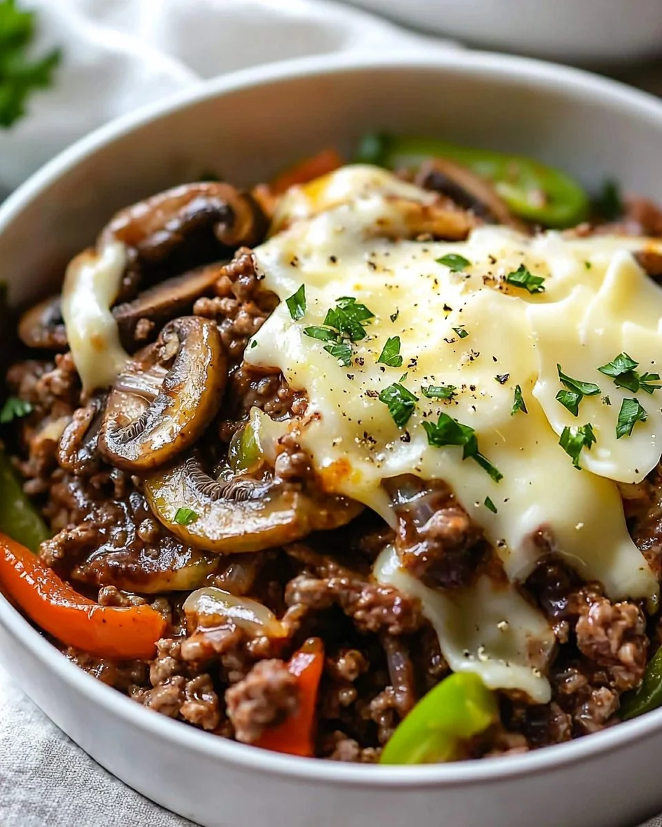 Philly Cheesesteak Bowl with peppers, onions, and steak on a plate.