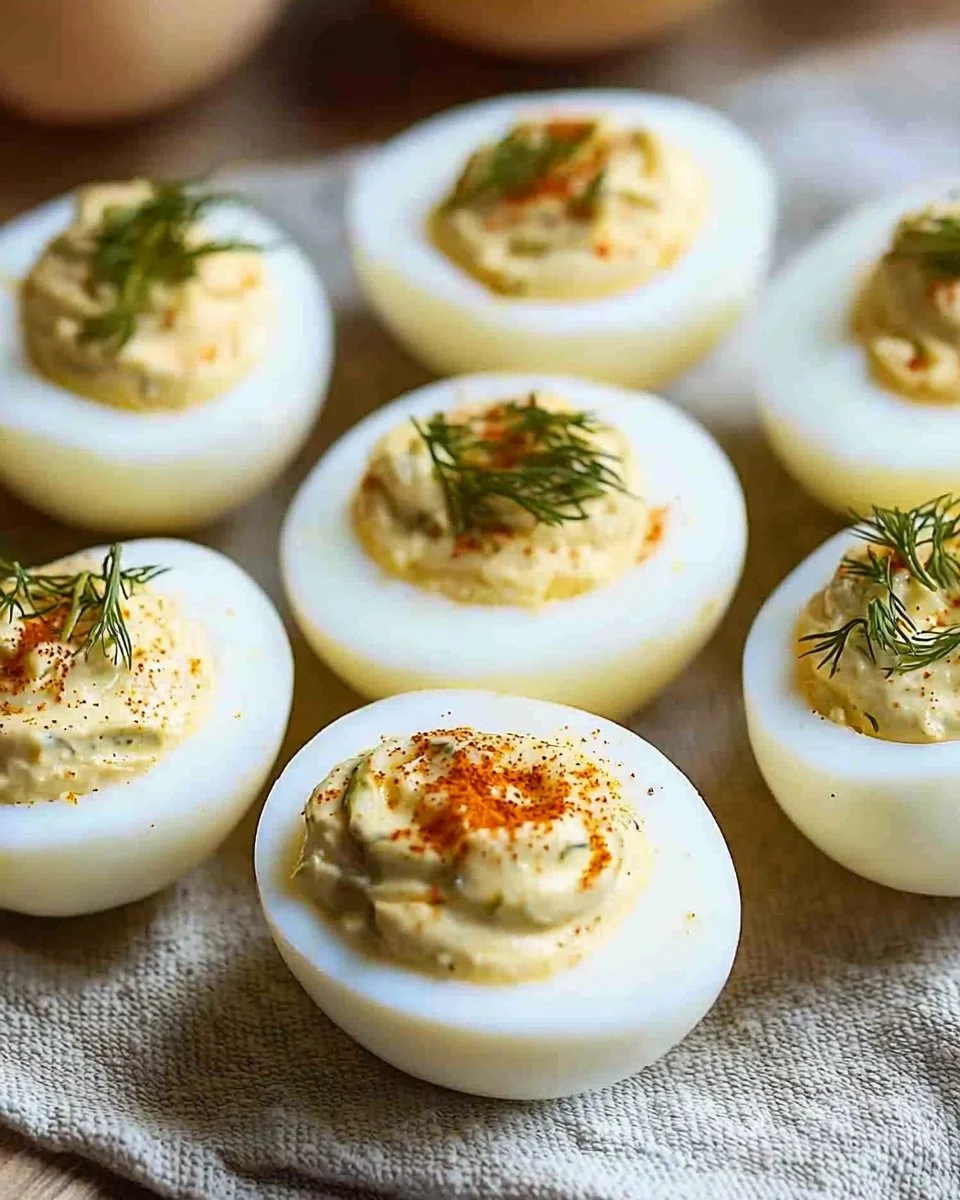 Pickle Lover Deviled Eggs topped with pickles and spices on a serving platter