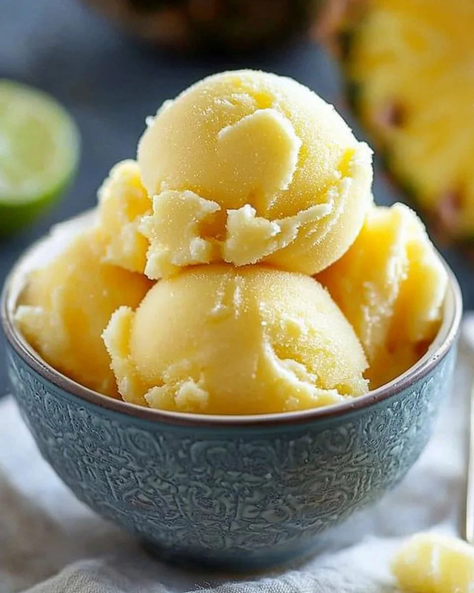 Quick and refreshing pineapple sorbet served in a bowl.