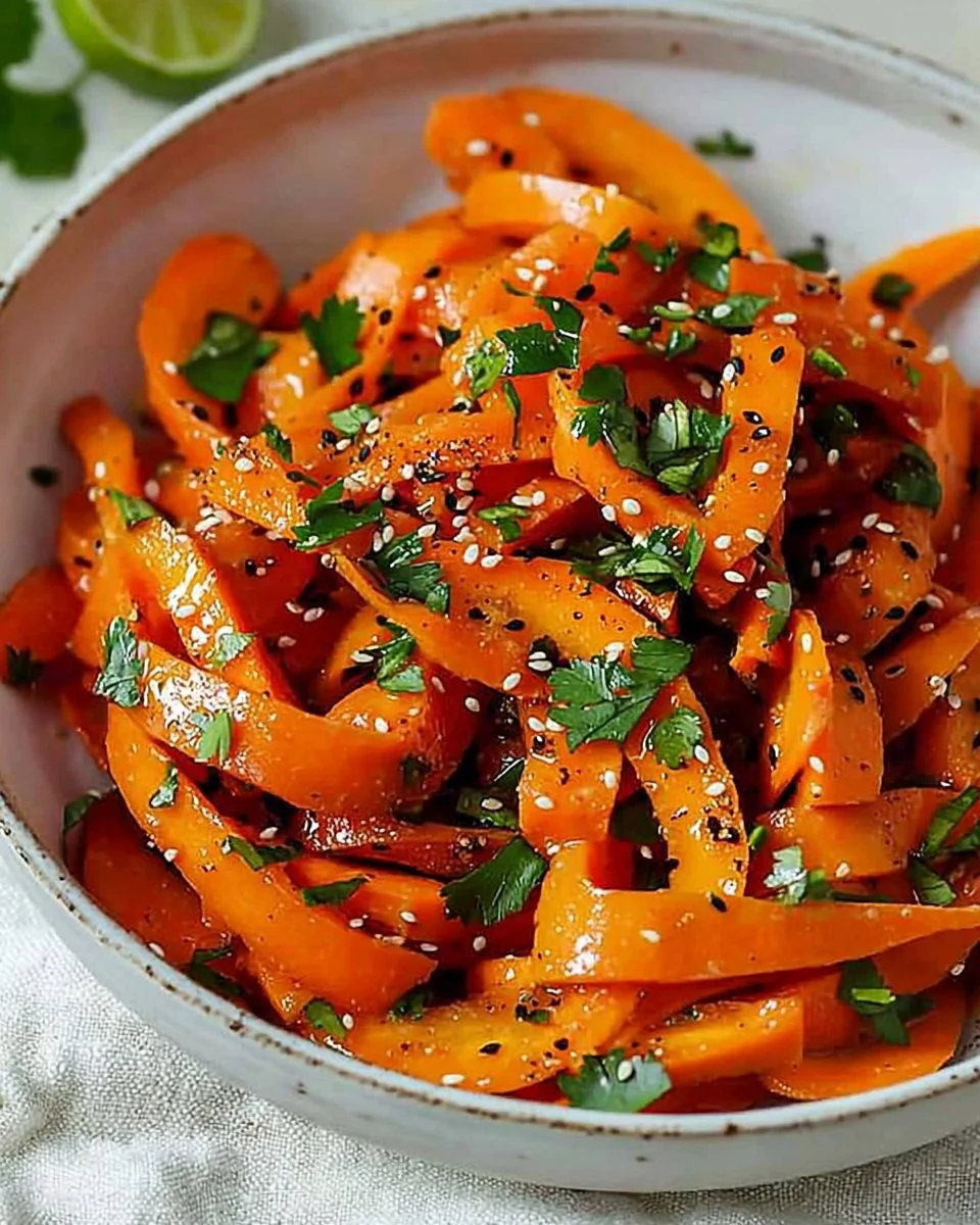 Fresh raw carrot salad with herbs and dressing on a plate