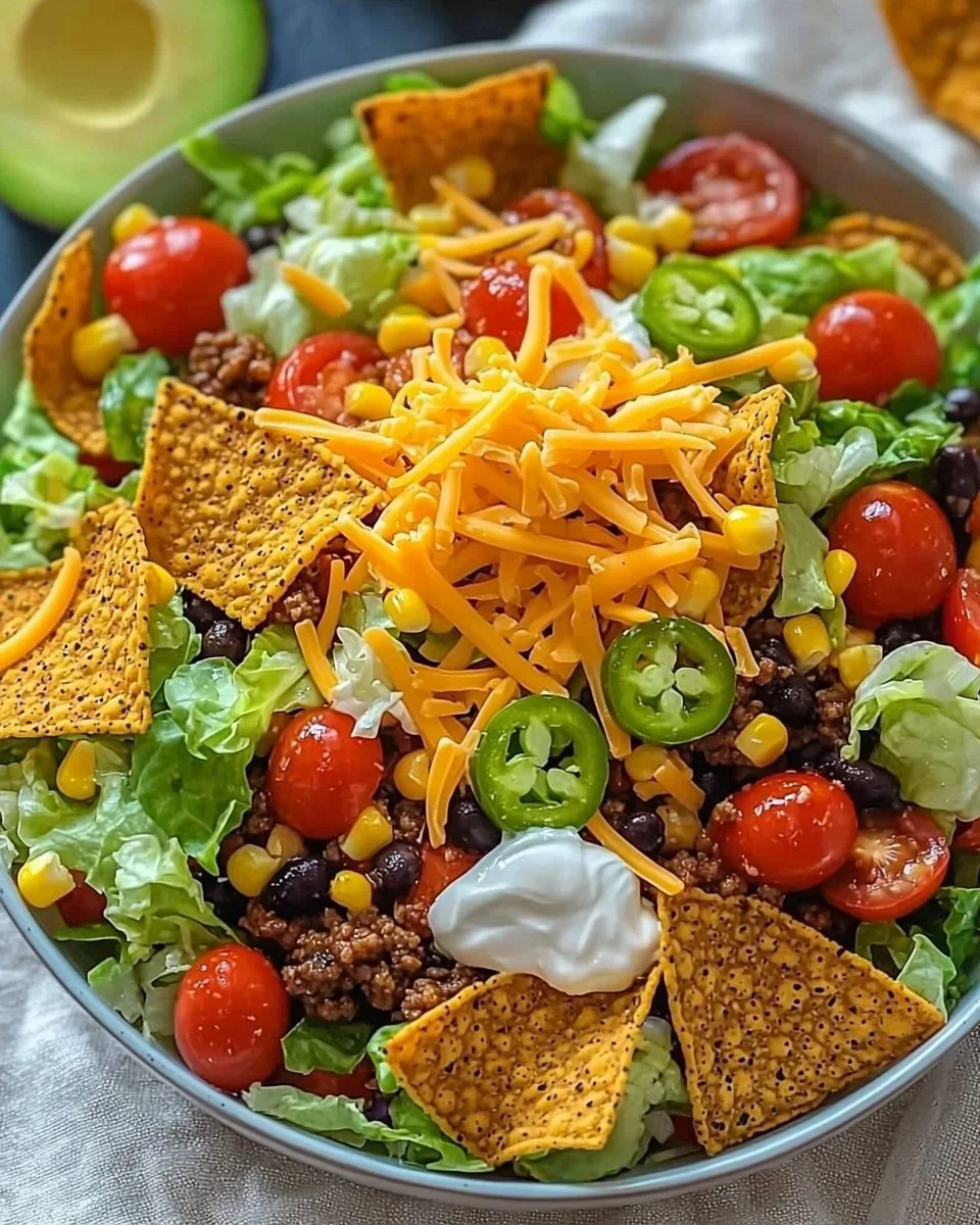 Simple Doritos Taco Salad with vibrant toppings and crunchy Doritos.