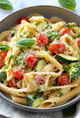 Colorful spring pasta dish with fresh vegetables and herbs