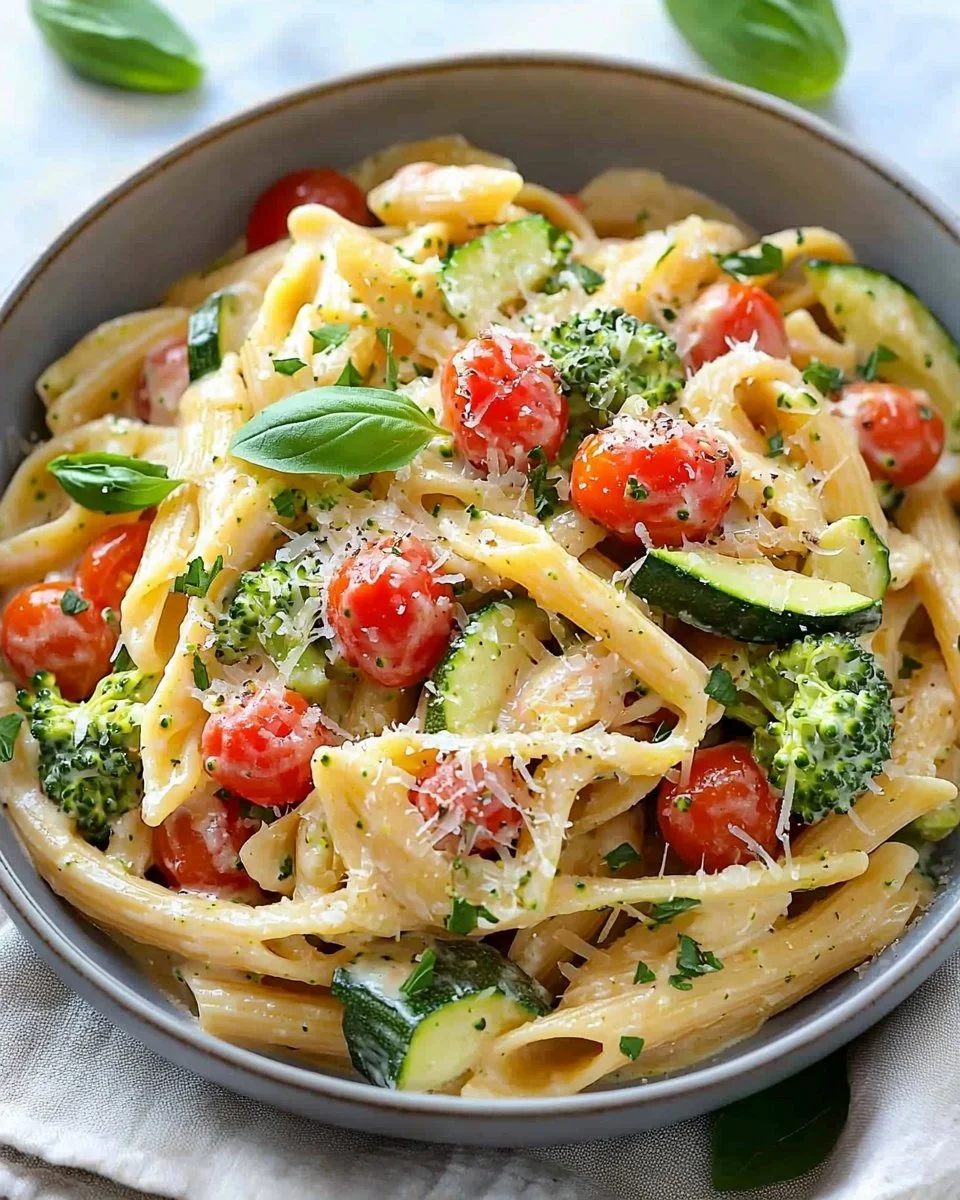 Colorful spring pasta dish with fresh vegetables and herbs