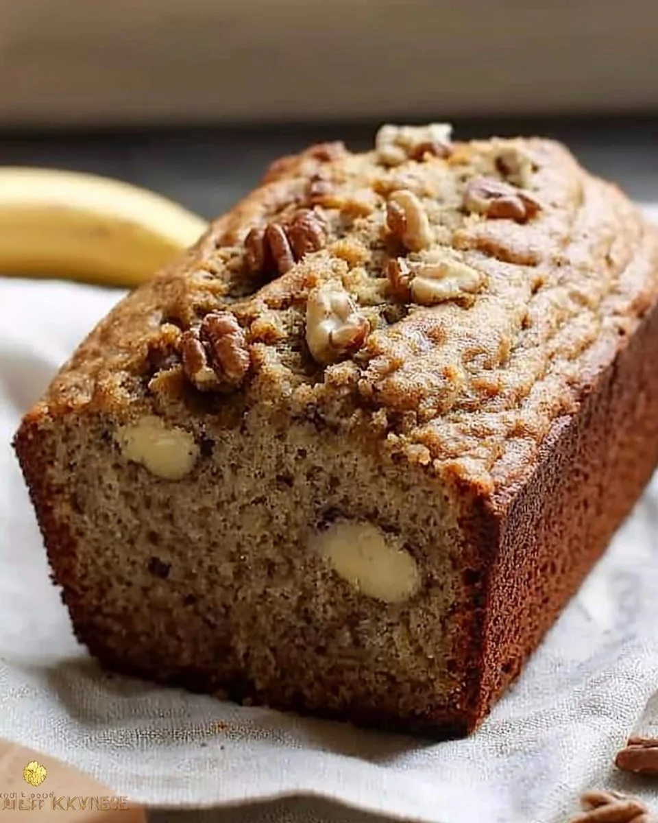 Ultimate moist banana bread loaf topped with slices of fresh banana