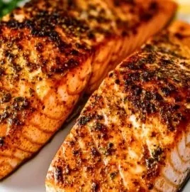 Air Fryer Salmon cooked to perfection, garnished and ready to serve.