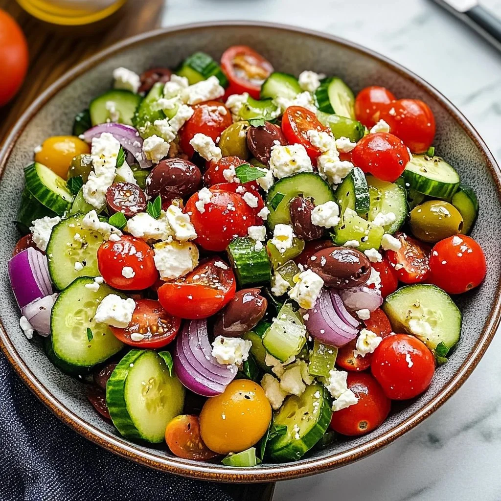 Colorful Greek salad with tomatoes, cucumbers, olives, and feta cheese.