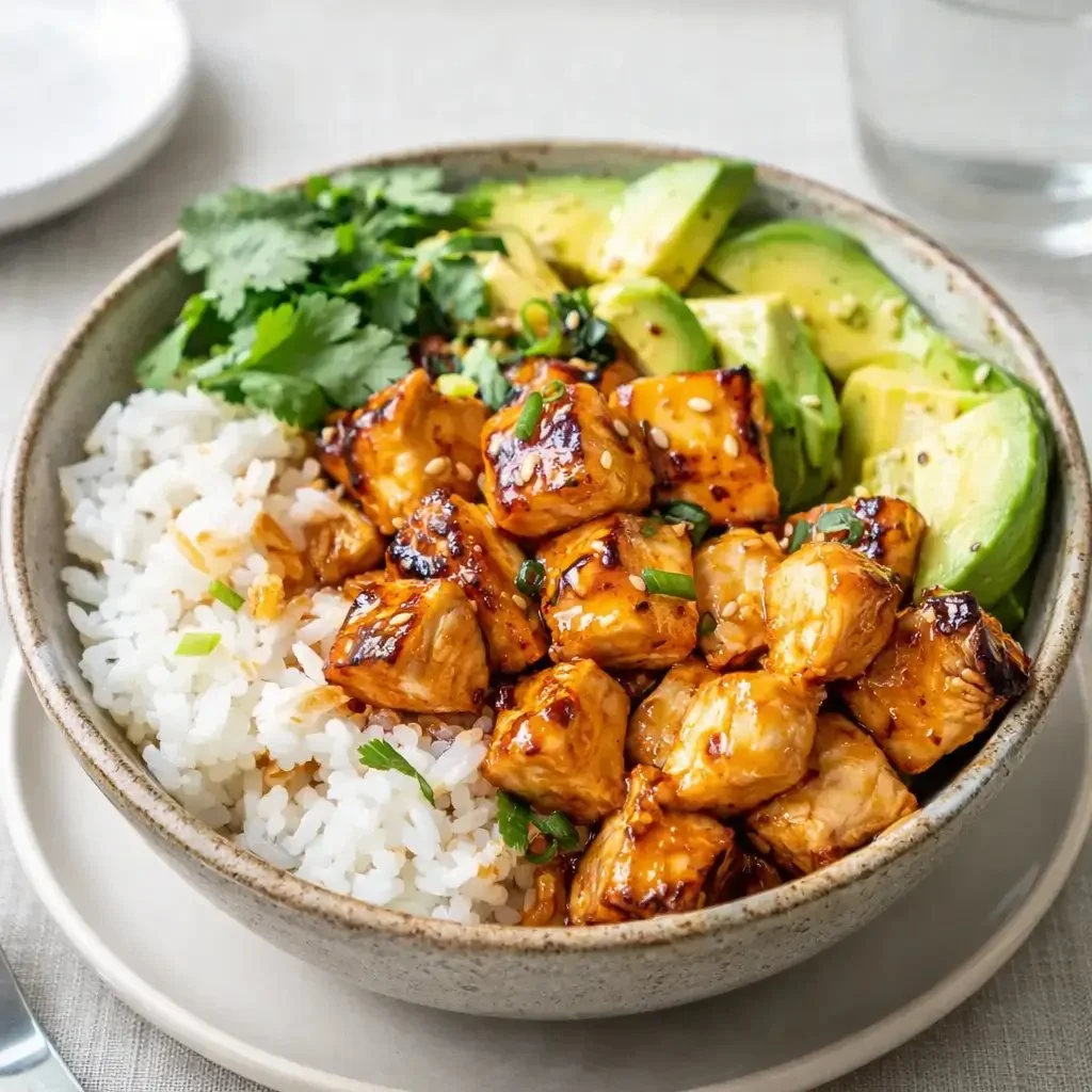 Delicious hot honey chicken bowls garnished with fresh vegetables and herbs