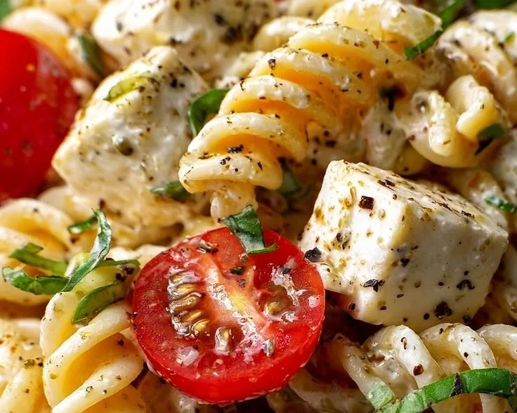 Classic High Protein Caprese Pasta Salad with fresh tomatoes and mozzarella