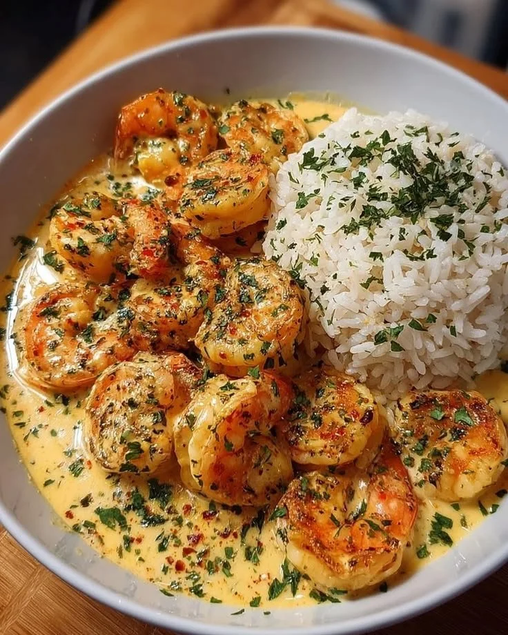 Creamy garlic shrimp dish garnished with herbs on a plate.