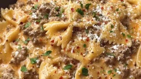 Creamy Parmesan Garlic Beef Bowtie Pasta