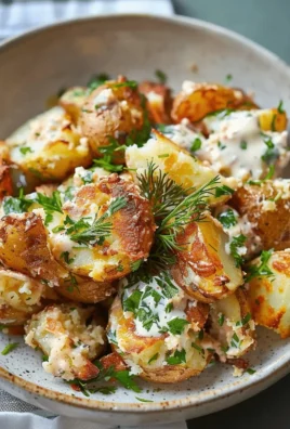 Crispy smashed potato salad topped with fresh herbs and dressing.