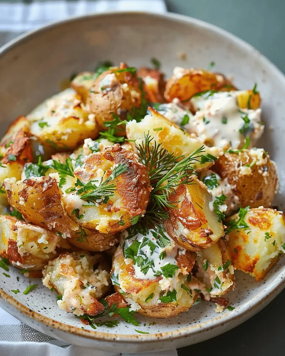 Crispy smashed potato salad topped with fresh herbs and dressing.
