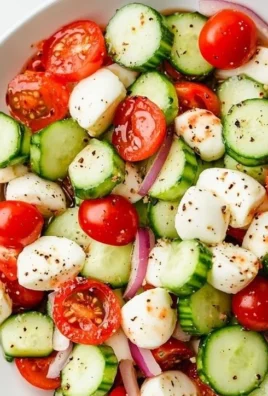 Cucumber Caprese Salad with fresh mozzarella, tomatoes, and basil on a plate.