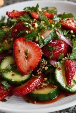 A vibrant Cucumber Strawberry Salad garnished with fresh mint leaves.