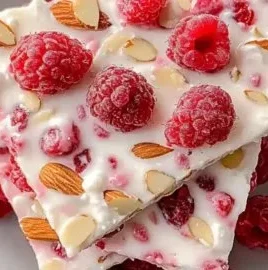 Delicious raspberry yogurt bark topped with fresh raspberries on a wooden surface